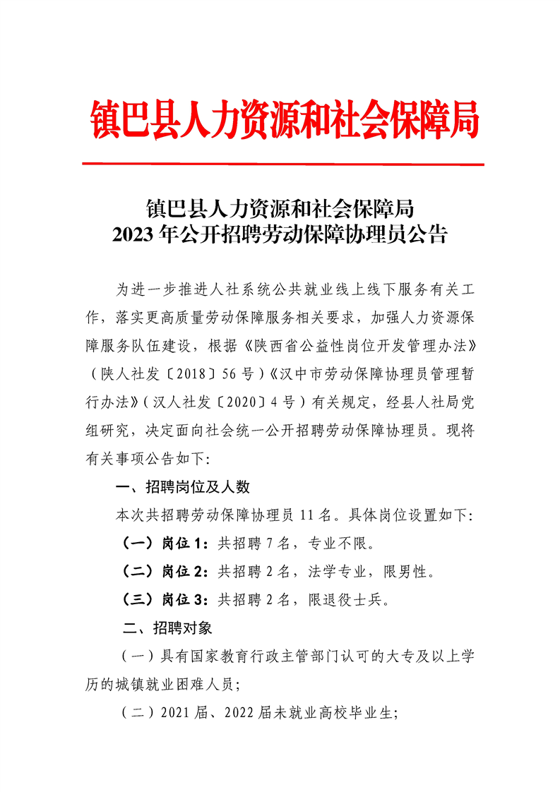 2023年漢中市鎮(zhèn)巴縣招聘勞動保障協(xié)理員公告1